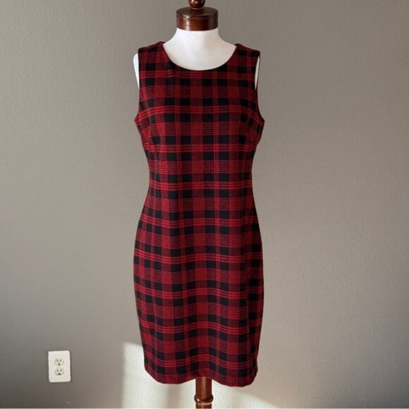 Tommy Hilfiger Color BLock Plaid Red Black Sheath Sleeveless Dress Sz 12 - Picture 2 of 7